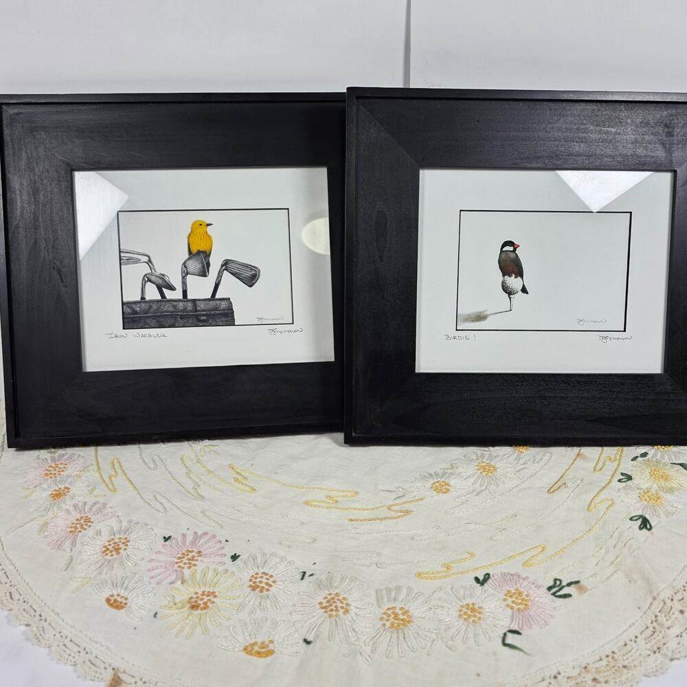 Don McMahon Golf Bird Art Print Framed Set 2 Iron Warbler Birdie Birds on Things